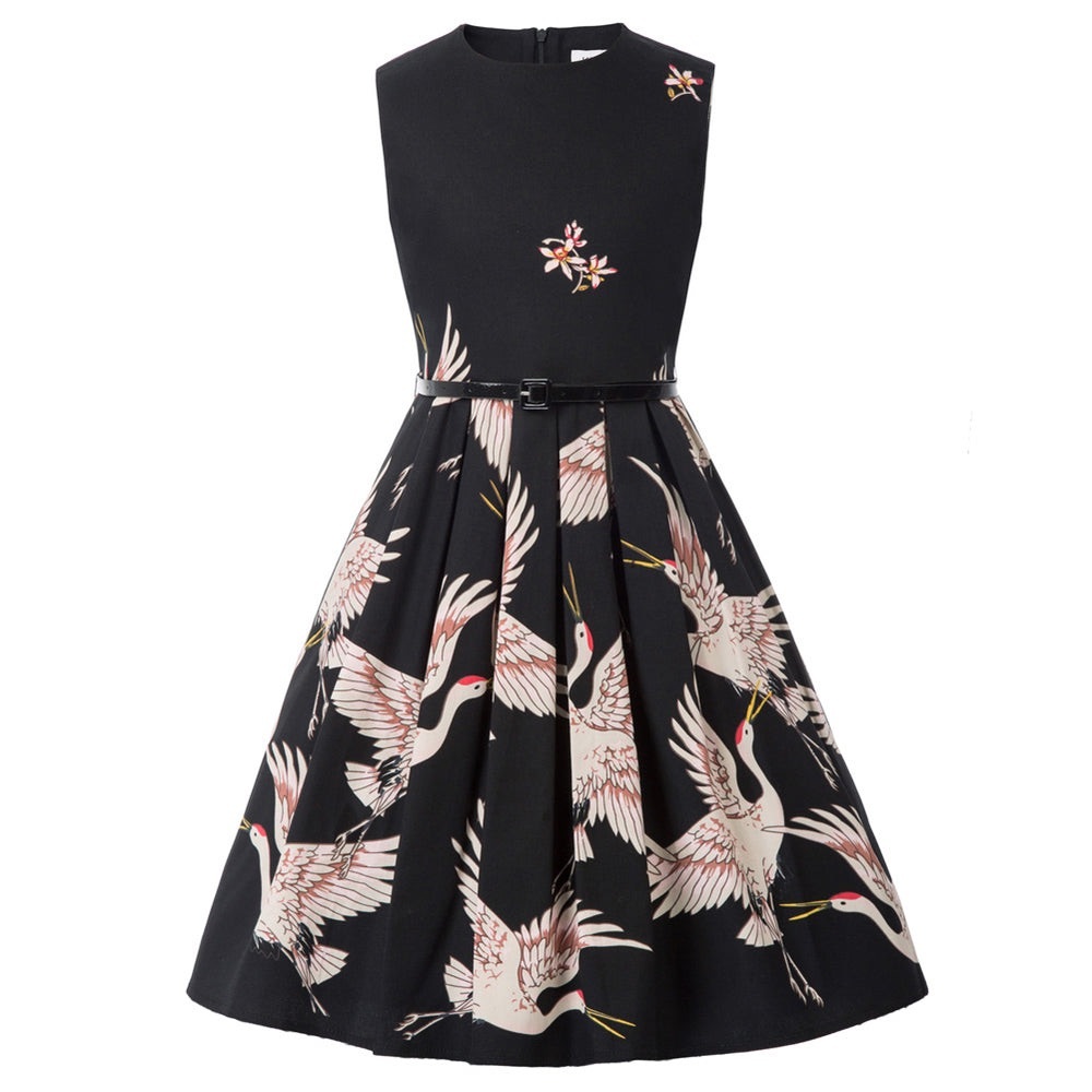 Kate Kasin Elegant Black Kids Dress with Crane Print Size 7-8 (no belt)